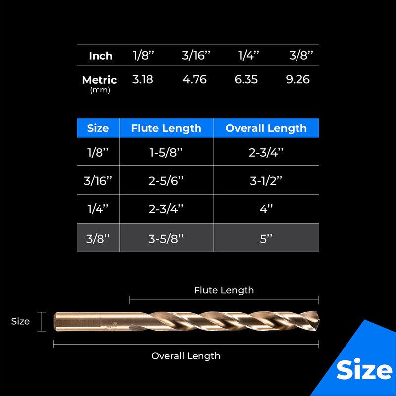 amoolo 3/8" Cobalt Drill Bit(5Pcs), M35 HSS Metal Drill Bit Set for Hard Metal, Stainless Steel, Cast Iron 3/8 in (5pcs)