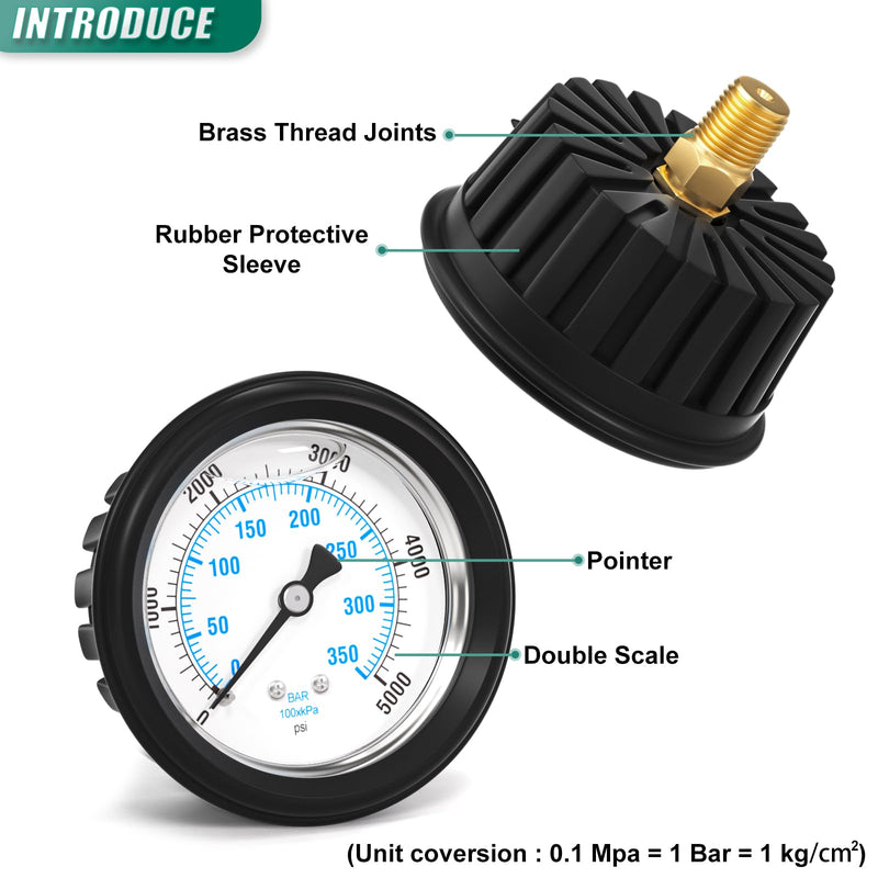 0-5000PSI Stainless Steel Liquid Filled Pressure Gauge, 2.5" Dial Size, 1/4" NPT Back Mount, with Rubber Protective Sleeve, for Tube, Water Pump, Gas, Liquid, Pressure Test 0-5000Psi BackMount