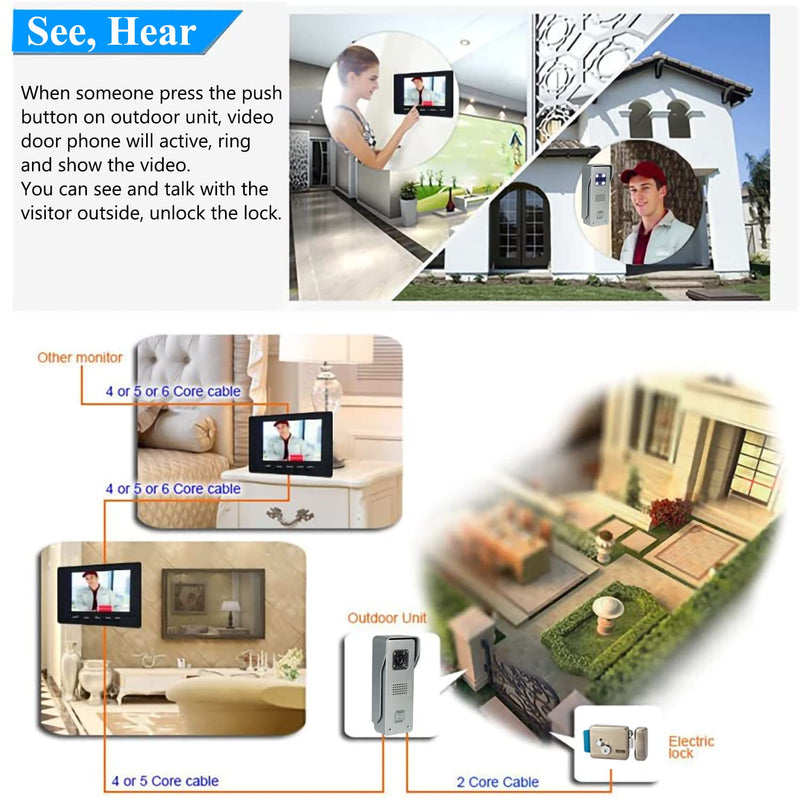 Video Intercom System, 7 Inches Monitor Wired Video Doorbell with Monitor Kits, IR Night Vision Camera Support Unlock, Monitoring, Dual-Way Intercom for Home Villa House Office Apartment Silvery