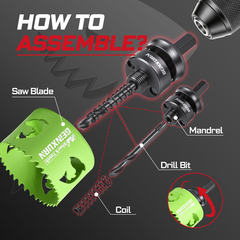 Geinxurn 5PCS 2-1/2 in(64mm) Hole Saw Kit with Hole Saw Mandrel and Hex Wrench,HSS Bi-Metal Hole Saw Kit with Shark Tooth Hole Cutter for Wood,Drywall, PVC Boards and Thin Metal 5 PCS 2-1/2" Hole Saw Set