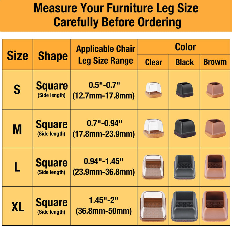 32 Pcs Chair Leg Floor Protectors Square, Silicone Chair Leg Protectors for Hardwood Floors, Chair Leg Caps Covers Protect Wooden Floors from Scratching, Thick, Won't Tear (Fit: 0.94''–1.45'') L - 32 Pcs - Clear