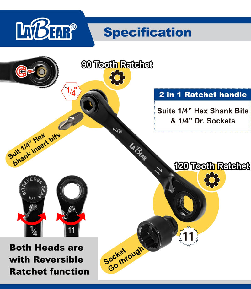 LABEAR Low Profile 2-in-1 Ratchet Wrench Set, 1/4" Bits & Sockets | 31pcs kit, Non-slip socket grip, 90T/120T dual ratchets, Supa-Grip profile, 18mm stubby reach, case included