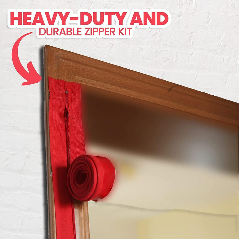 (4-Pack) Heavy-Duty Dust Protector Zipper (Red) - Self-Adhesive Instant Door Zipper - 7 Ft Long x 3 in Wide Zipper - Includes 4 Zippers and Plastic Sheeting Cutter Accessories Red (4 Pack)