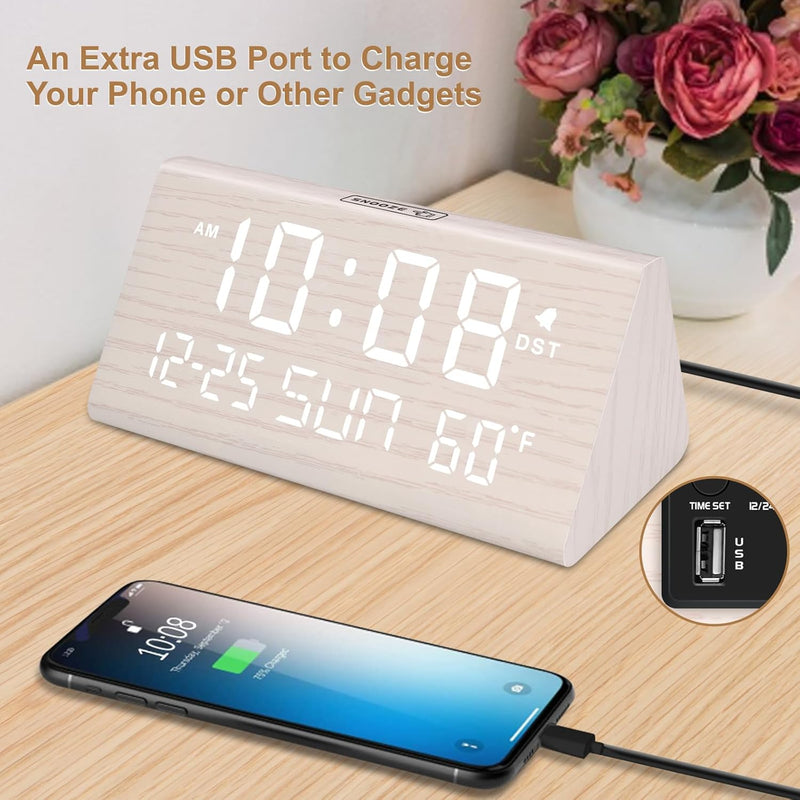 JALL Digital Alarm Clock, with Wooden Electronic LED Time Display, 3 Alarm Settings, Weekday/Weekend Mode, Temperature Detect, Wood Made Electric Clocks for Office, Bedroom, Bedside White-date