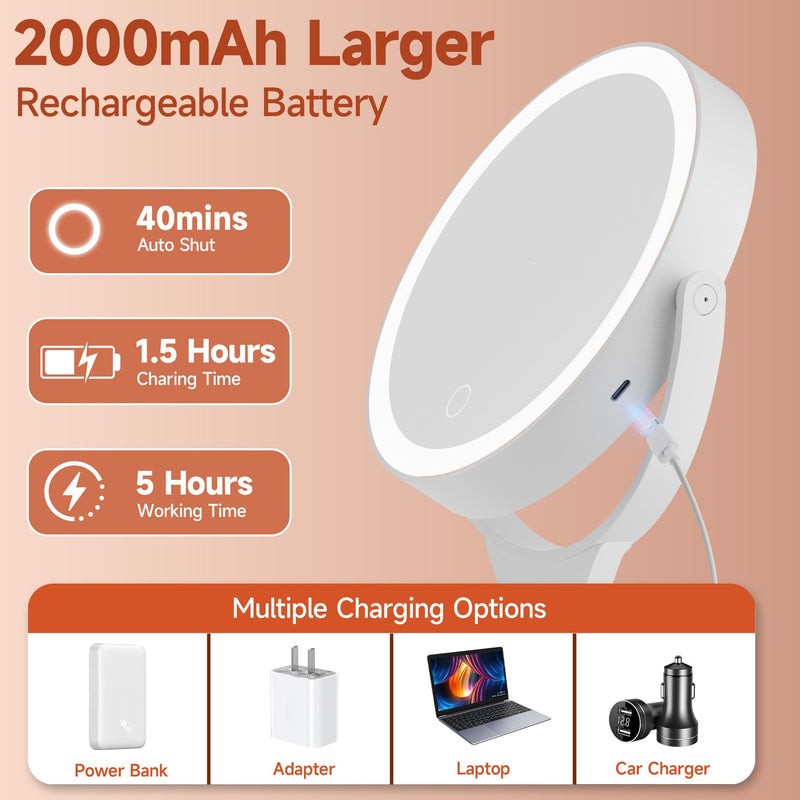 Hasipu Portable Travel Makeup Mirror with Lights – 360° Rotating with 1X/10X Magnifying, Rechargeable Tabletop Handhold Hanging 3 in 1 Mirror (White) White