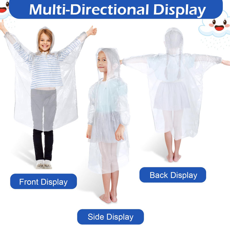 Berlune 40 Pcs Kid Ponchos Bulk Disposable Kids Rain Ponchos Bulk Emergency Raincoat with Drawstring Hood and Elastic Sleeves One Size Clear