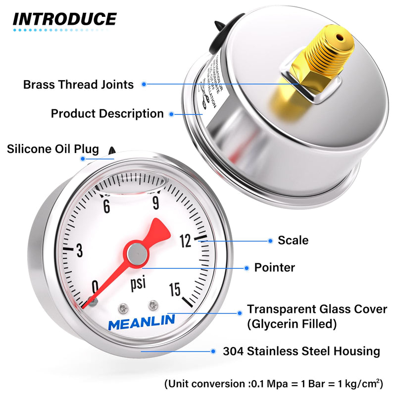 MEANLIN MEASURE 0~15Psi Stainless Steel 1/8" NPT 1.5" FACE DIAL, Glycerin Filled Pressure Gauge, Liquid Filled, Water Oil Air, Back Mount, with 1/8" x 1/4" NPT and 1/8" x 3/8" NPT Hex Bushing 0-15Psi