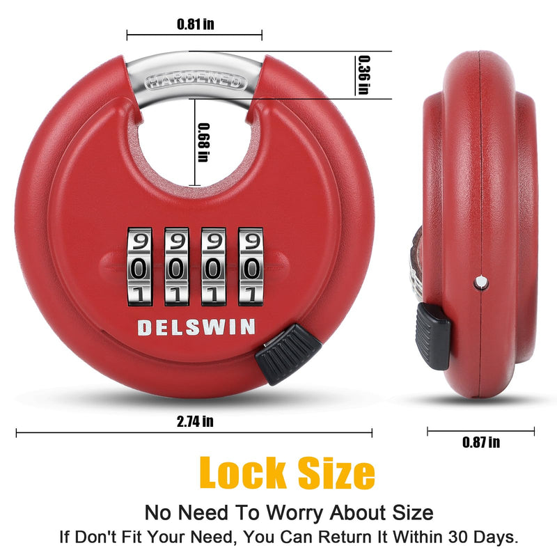 DELSWIN Outdoor Combination Padlock - 4 Digit Heavy Duty Disc Lock with Hardened Shackle,Combo Padlock for Gate,Storage Unit,Fence(25/64" Shackle, Red,2Pcs)
