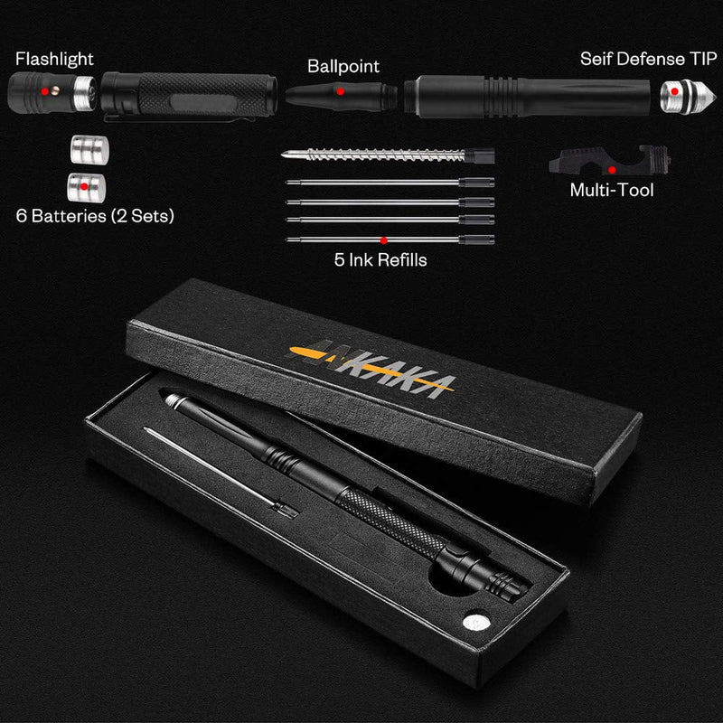 The Most Loaded 6-in-1 Tactical Pen: Solves Other Brands' Weaknesses,Self Defense Tip + Flashlight + Ballpoint + Bottle Opener + Screw Driver + Hexagonal Wrench, 5 Ink Refills + 6 Batteries + Gift Box