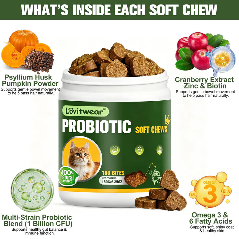 Cat Probiotic Soft Chews, Salmon Flavor, 1B CFU, Grain-Free, Omega 3&6, Cranberry, Gut Health & Digestive Support B