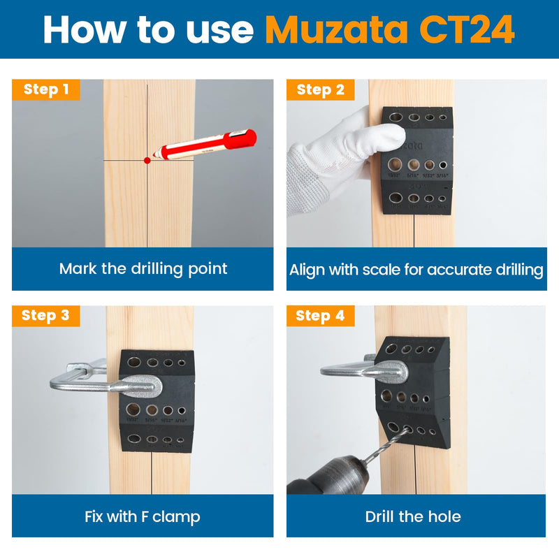 Muzata Upgraded Multi Angle Cable Railing Drill Guide Jig Fit 30 45 90 Degree Portable Drilling Template 4 Sizes for Horizontal and Angle Hole for Wood Post Lag Screw Cable Railing Kit Tool CT24