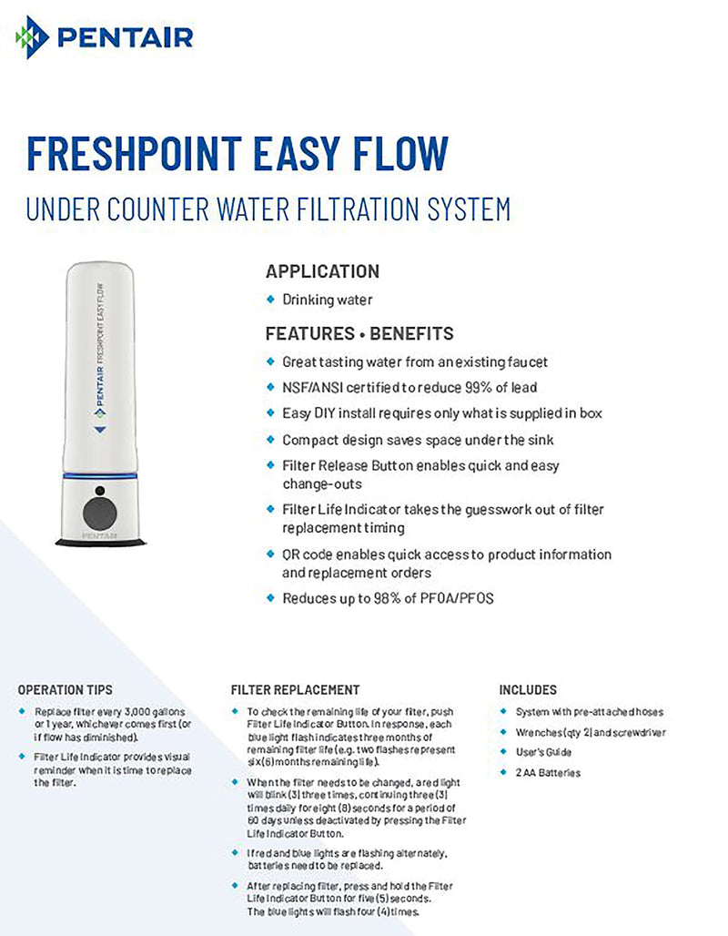 Pentair FreshPoint Replacement Cartridge for Easy Flow Under Sink System, NSF 42 & 53 Certified, Reduces Lead and PFOA/PFOS, 3,000 Gallons