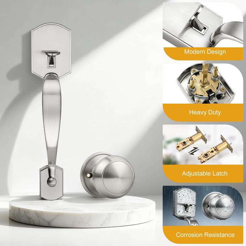 Probrico Brushed Nickel Entry Door Handleset,Door Handle Exterior with Interior Door Knob,Reversible Front Door Knob No Lock,1Pack 1