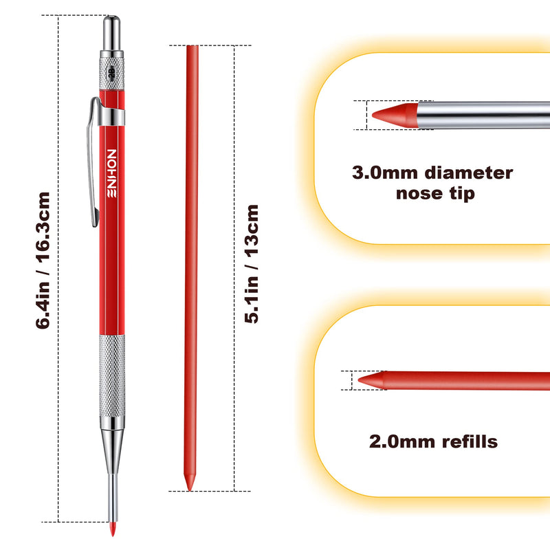 Enhon 2mm Mechanical Carpenter Pencil Set with 12 Marker Refills and Sharpener, Woodworking Marking Tool Solid Deep Hole Construction Pencil, Extended Needle-Nose Tip for Use in Jobs (Black, Red) Black, Red