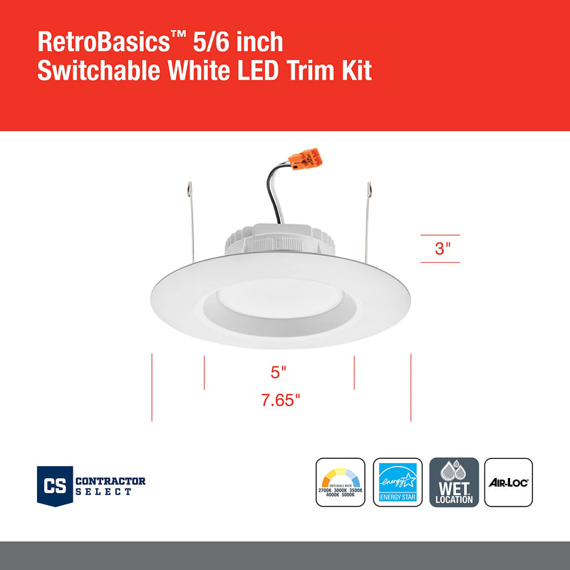 Juno RB56 SWW5 MW M6 RetroBasics Downlight Trim Kit, Switchable LED White, Baffle Trim, Switchable CCT, 2700K, 3000K, 4000K, and 5000K, 5- to 6-Inch, Matte White