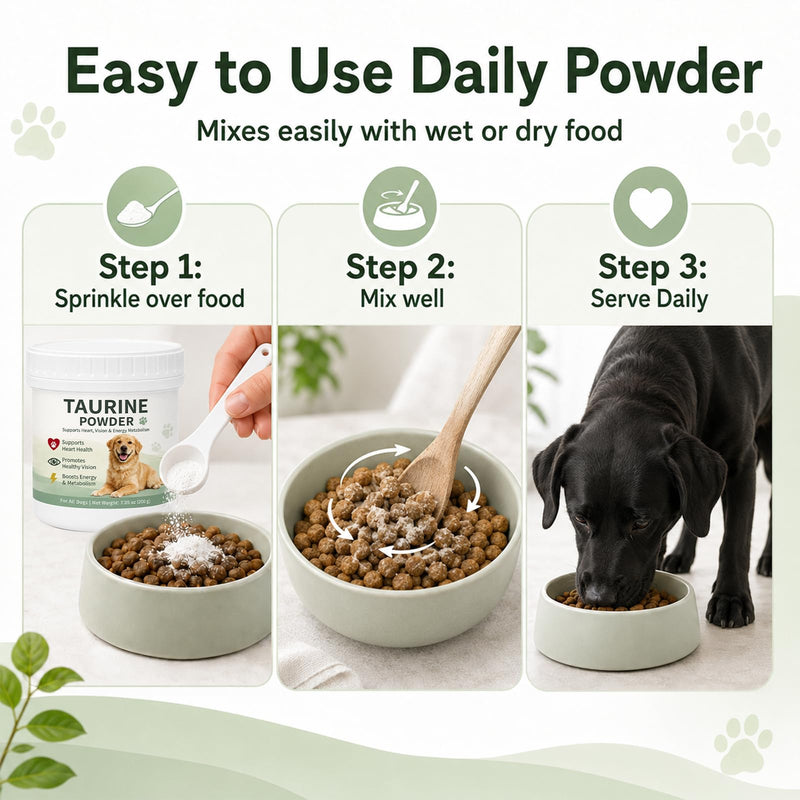 Taurine Powder for Dogs, Pure Taurine Supplement for Heart Health, Vision Support & Energy Metabolism, Promotes Immune System and Skin & Coat Health, Easy to Mix Daily Dog Supplement, 200g / 7.05 oz