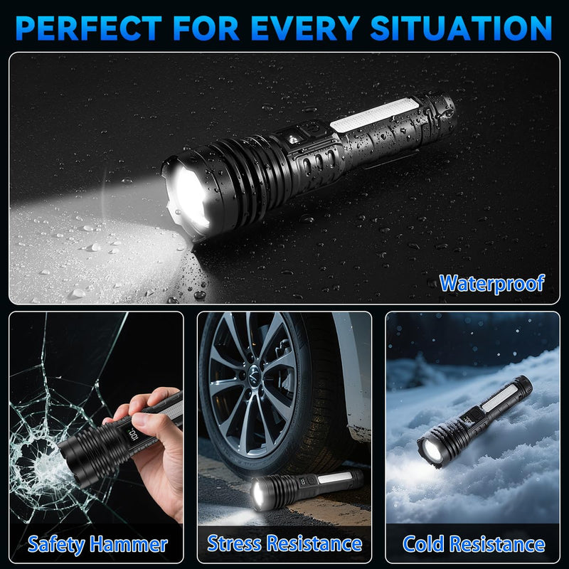 4Pack Flashlights High Lumens 9900FL, 7Mode Flashlight Rechargeable with LCD Digital Display, Rechargeable Flashlights with COB Light, Adjustable Super Bright Flashlight, Powerful Tactical Flash Light 4Pack