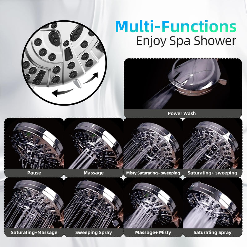 Shower Head,10 Functions High Pressure shower head with handheld, Built-in Pause Mode & Power Wash, Non-Clogging Nozzles High Flow Hand Held Shower Head, Leakproof 6ft Hose&Adjustable Bracket 10 Functions High Pressure Handheld Shower Head Premium Chrome