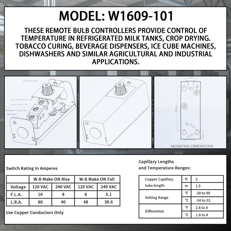 Refrigerator Thermostat Replacement W1609-101 | For freezers & coolers, -30°F to 90°F. Mechanical control with 5ft capillary bulb. Replaces TH-1609.