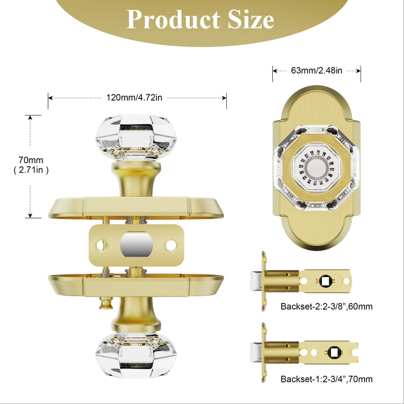 Gold Glass Door Knobs Interior Privacy Crystal Door Knobs with Lock for Bedroom/Bathroom, Satin Brass (1 Pack)