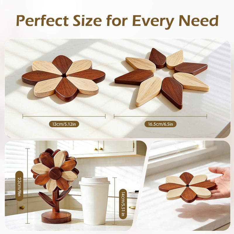 Wooden Trivets for Hot Dishes - Set of 5, Foldable Sunflower-Shaped, Thick Hot Pads for Countertops, Ceramic Pots, Farmhouse Kitchen Decor, Housewarming Gifts (Walnut & Beech Wood) Walnut & Beech Wood