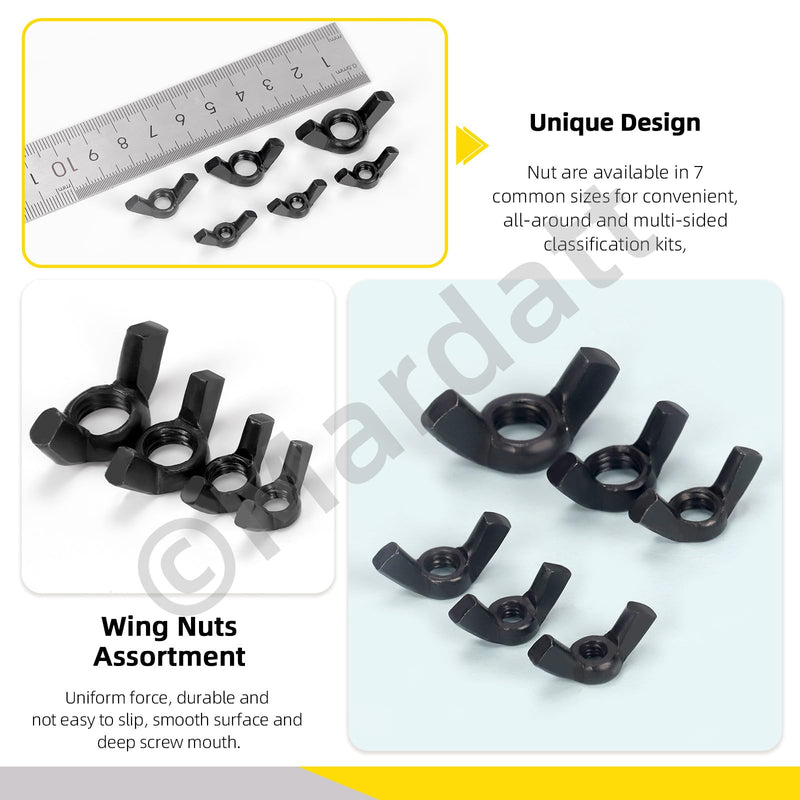 125Pcs SAE Wing Nuts Assortment Set, 6 Sizes Carbon Steel Butterfly Wing Nuts Black Wingnuts Fasteners, Hand Twist Tighten Ear Wing Nuts, 3/8”-16, 5/16”-18, 1/4”-20, #10-24, #8-32, #6-32