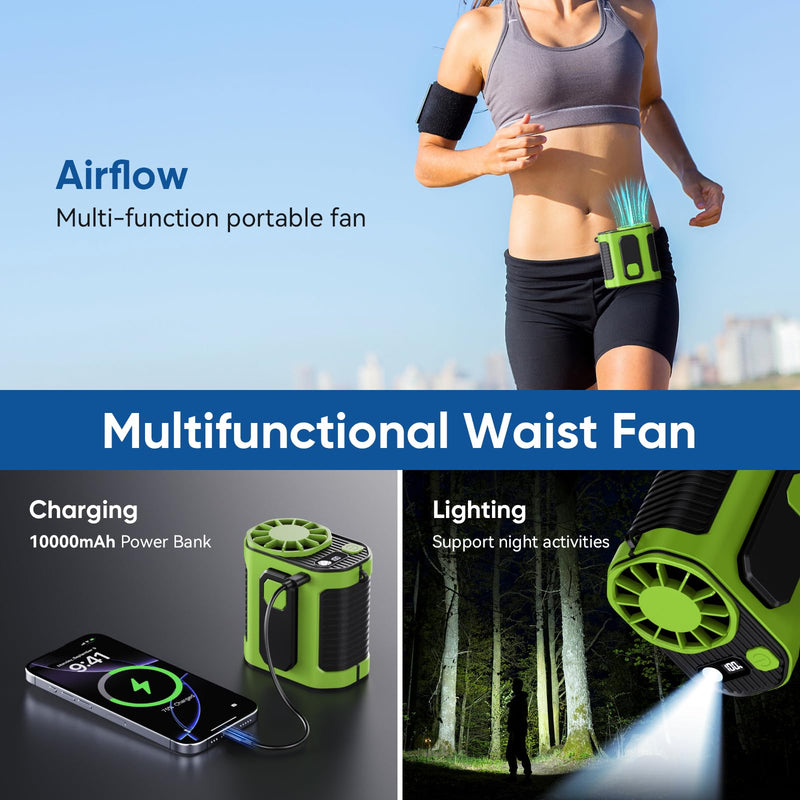 Portable Waist Fan, 10-Speed Rechargeable Body Fan with LED Light, Hands Free Wearable Belt Clip Waist Fans, 10000mAh Battery Cooling Device, Dual Clips & Power Bank, for Camping, Outdoor, Jobsite Green