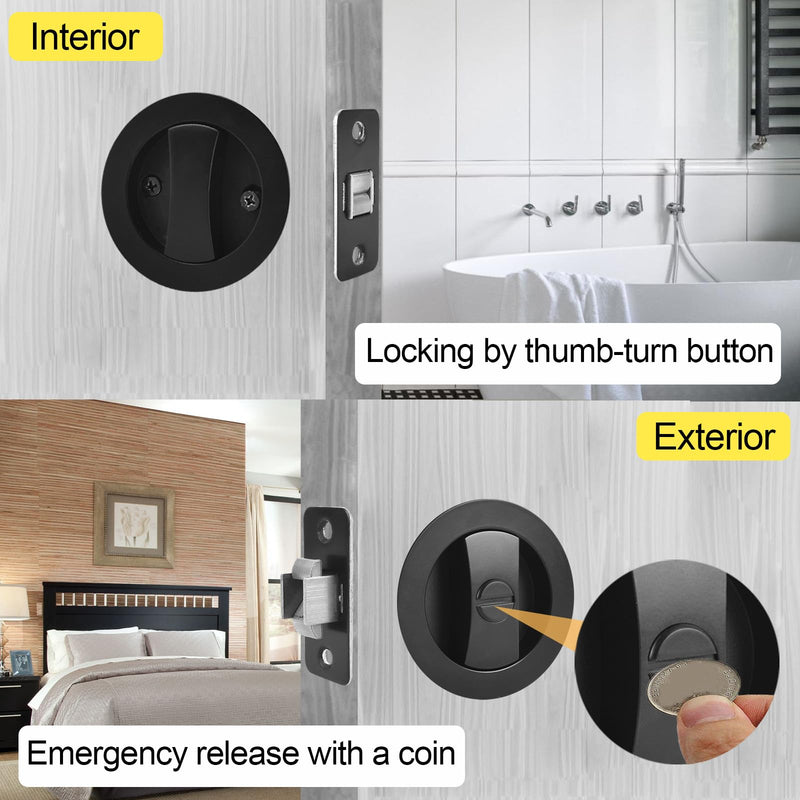 Matte Black Pocket Door Lock Zinc Alloy Pocket Door Latch, Double-Sided Sliding Door Handle Invisible Keyless Flush Pocket Door Hardware for Privacy Sliding Door, 2-3/8" Backset (Round) Round