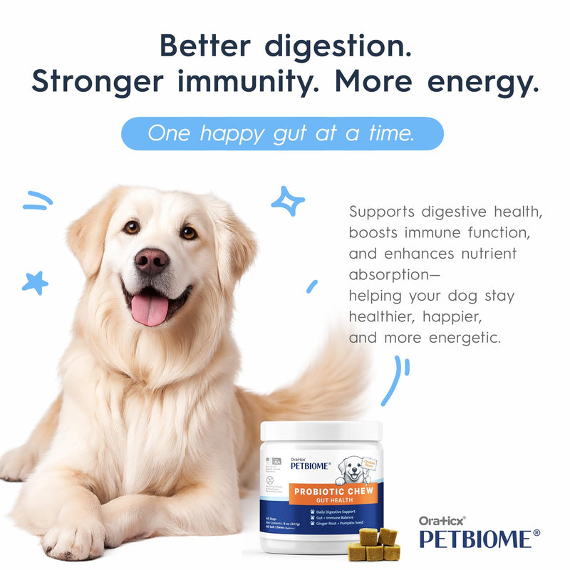 Oraticx PetBiome Probiotic Chew for Dogs - Supports Daily Digestive Health, Gut Balance, and Immune System - with Ginger Root, and Pumpkin Seed - Chicken Flavor, 90 Soft Chews