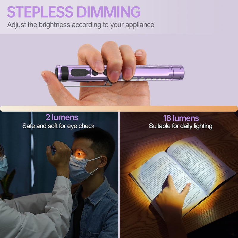 Pen Light for Nurse, Rechargeable LED Medical PenLight, Warm/Cool White & Stepless Dimming, Portable Medical PenLight for Nurse, Doctor, First Aid, EMT, Nursing,Nursing Student (Purple) Purple