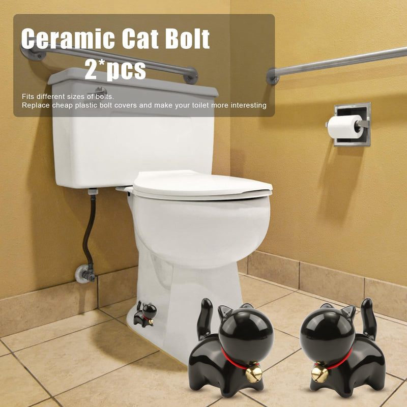 2pcs Toilet Bolt Caps, Cat Toilet Bolt Covers Hidden Ceramic Toilet Screw Caps Kitten Decorative Toilet Replacement Parts Cute Bathroom Decor (Black)
