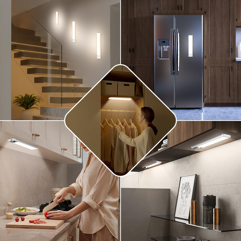 Under Cabinet Lights, 68-LED Rechargeable Battery Operated Motion Sensor Lights Indoor, 1800mAh Magnetic Dimmable Closet Lights, 3 Color Wireless Under Counter Night Lights for Kitchen Stair, 3 Packs 8 inch