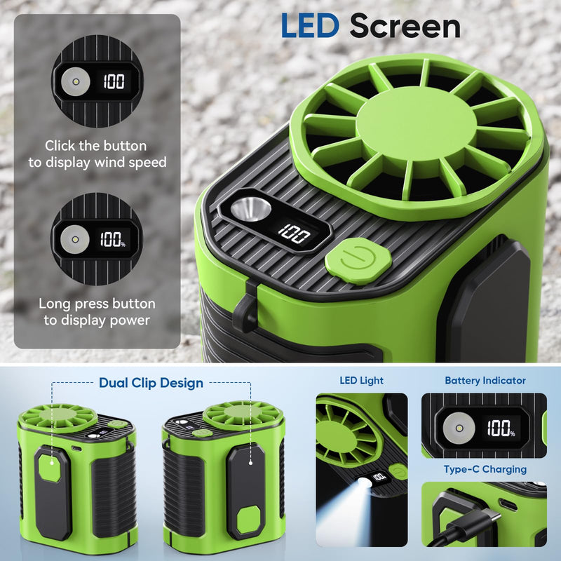 Portable Waist Fan, 10-Speed Rechargeable Body Fan with LED Light, Hands Free Wearable Belt Clip Waist Fans, 10000mAh Battery Cooling Device, Dual Clips & Power Bank, for Camping, Outdoor, Jobsite Green