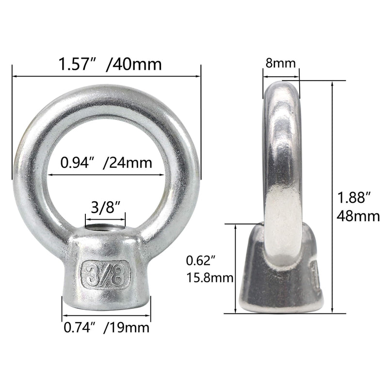 4 Packs 316 Stainless Steel Lifting Eye Nut 3/8" UNC Marine Grade, Female Thread Fastener Ring Shaped Eye Nut 3/8" 4