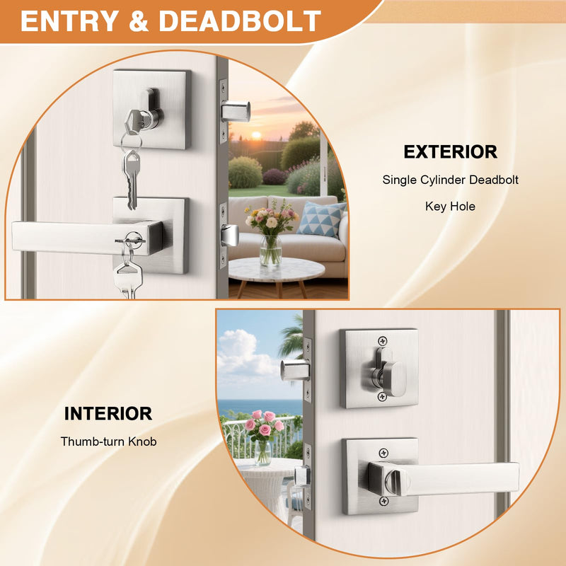 Probrico Square Entrance Lever with Single Cylinder Deadbolt Set Keyed Alike Combo Pack(for Office and Front Door), Heavy Duty Satin Nickel Entry Door Lockset for Right and Left Side, 1 Pack Brushed Nickel
