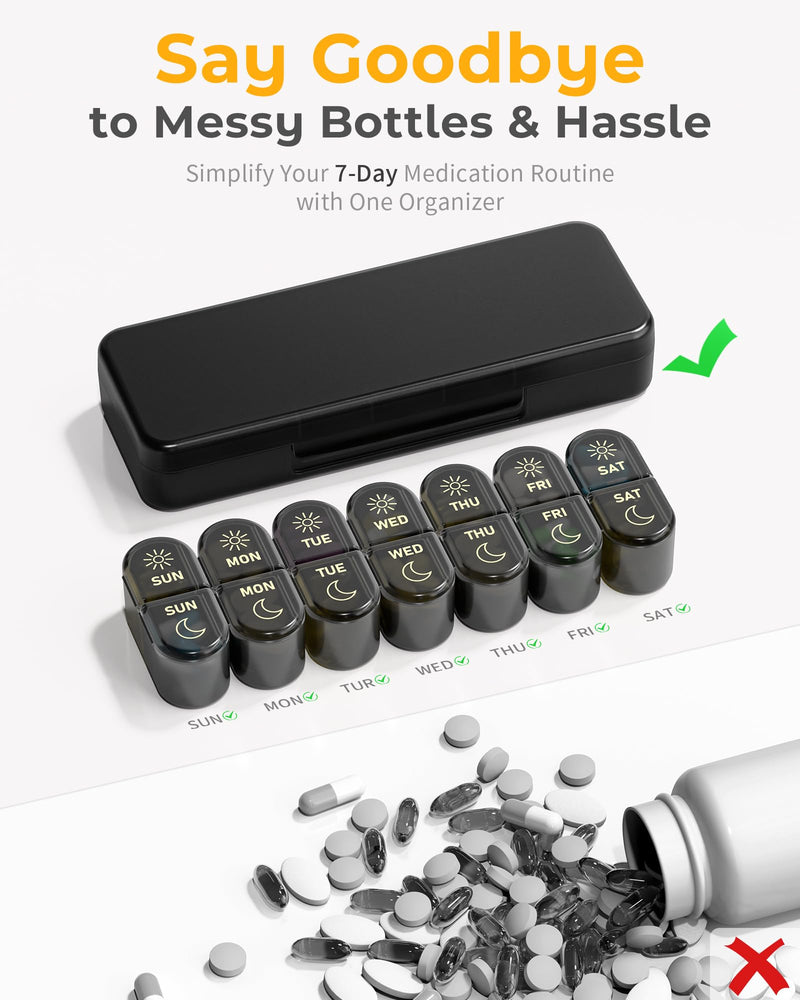 Weekly Pill Organizer 2 Times a Day, AM PM Pill Organizer 7 Day, Large Pill Box 7 Day, Travel Pill Case Daily, Black Privacy Protection Medicine Container for Medication, Vitamins, Supplements