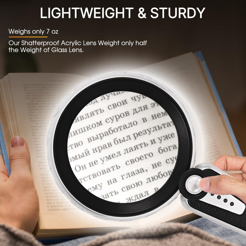 45X Magnifying Glass with Light, 4.6 Inch 1200mAh USB Rechargeable, 6 Lighted Modes, Large Handheld Magnifier for Low Vision Seniors with Macular Degeneration, Reading, Jewelry, Coins - Black