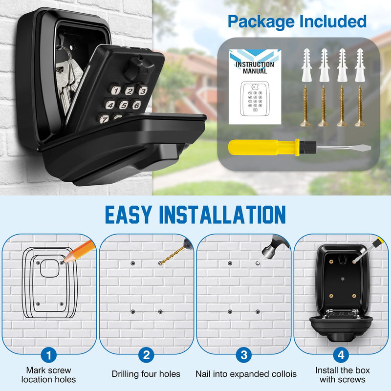 Key Lock Box Wall Mounted Key Storage Box Waterproof 12 Digit Combination Security Lock Box Large Capacity Resettable Code Key Safe with Weatherproof Cover for Home Garage Office School Black