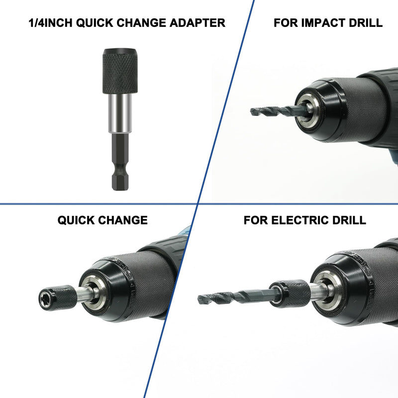 Combination Drill and Tap Bit Set with Quick-Change Adapter of 13Pcs, 6 SAE Sizes: 6-32NC to 1/4-20NC, 6 Metric Sizes: M3 to M10,Suitable for Drilling Tapping Threading Countersinking