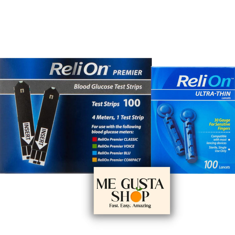 ReliOn Premier Blood Glucose Test Strips 100Count with Ultra-Thin Blood Lancets, 100 Count, 100 Count + me Gusta Sticker