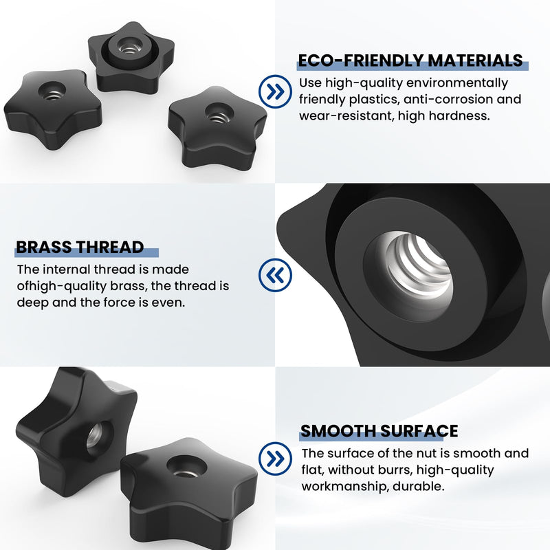 5/16-18 Thread Knob Nut, 6 Pack 5/16 Star Shape Hand Tighten Clamping Knobs Black Screw-On Nuts 5/16-18