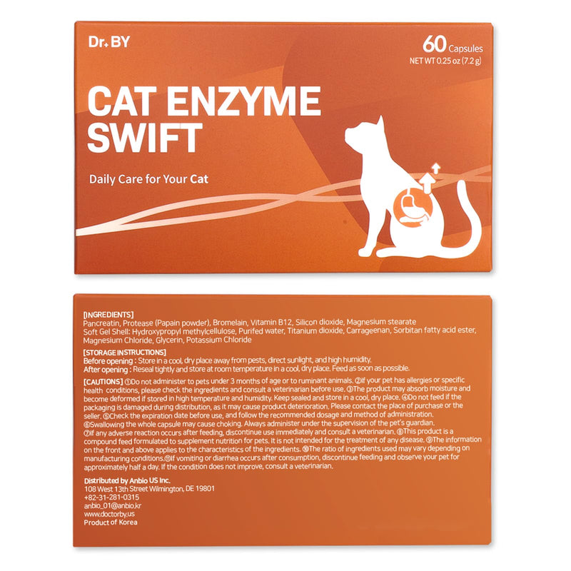 Doctor By Cat Enzyme Swift Cat Digestive Enzyme Supplement Vomiting Diarrhea, Loss of Appetite, Hairball with Pancreatine, Papain, Bromelain, Micro-Size for Easy Swallowing, 60 Sprinkle Capsules