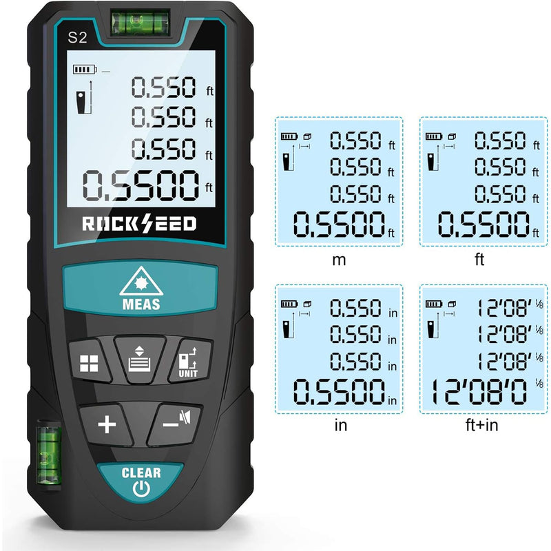 Laser Measure 50M/165ft,RockSeed Digital Laser Distance Meter with 2 Bubble Levels,Portable Laser Rangefinder M/in/Ft Unit Switching Backlit LCD and Measuring Distance/Area/Volume/Pythagorean 165 Feet