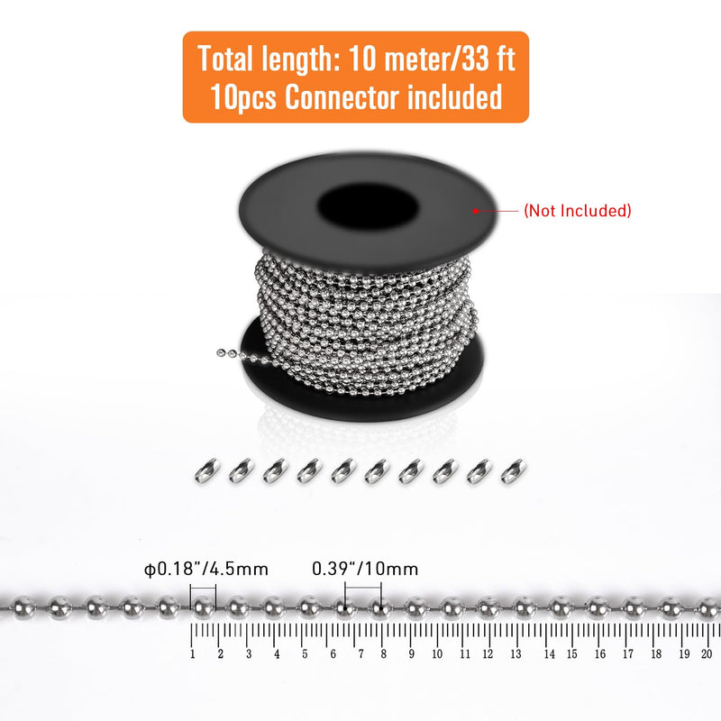32ft length-304 Stainless Steel Ball Chain for Blinds & Shades with 10 Connectors, Fix or Replace for Broken Roller Shade Chain, Great for Vertical Window Blinds, Plumbing and Other DIY Applications