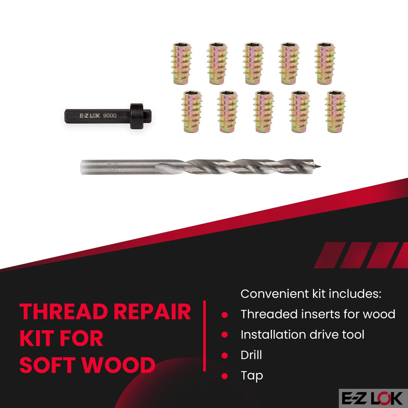E-Z LOK E-Z Hex Thread Repair Kit for Soft Wood Flush Threaded Inserts 1/4-20 x 20mm, Drill, Installation Tool