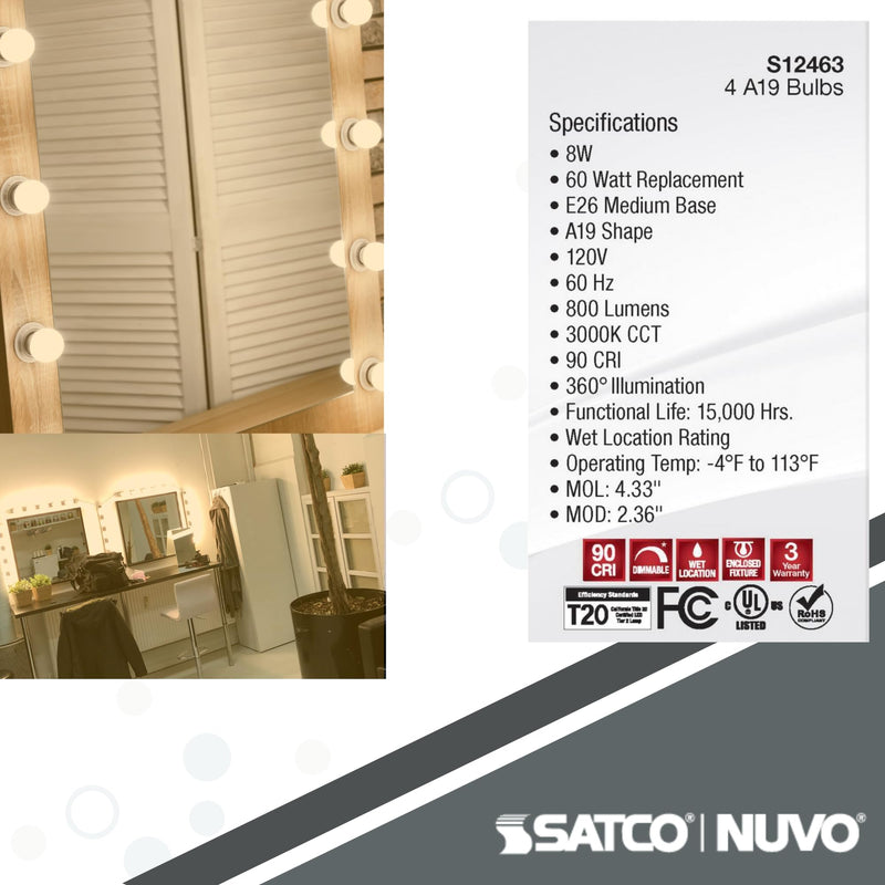 Satco S12463 LED Light Bulbs 8 Watt 120V 3000K Soft White 800 Lumens Dimmable 2 Packs of 4 (8 Bulbs Total)