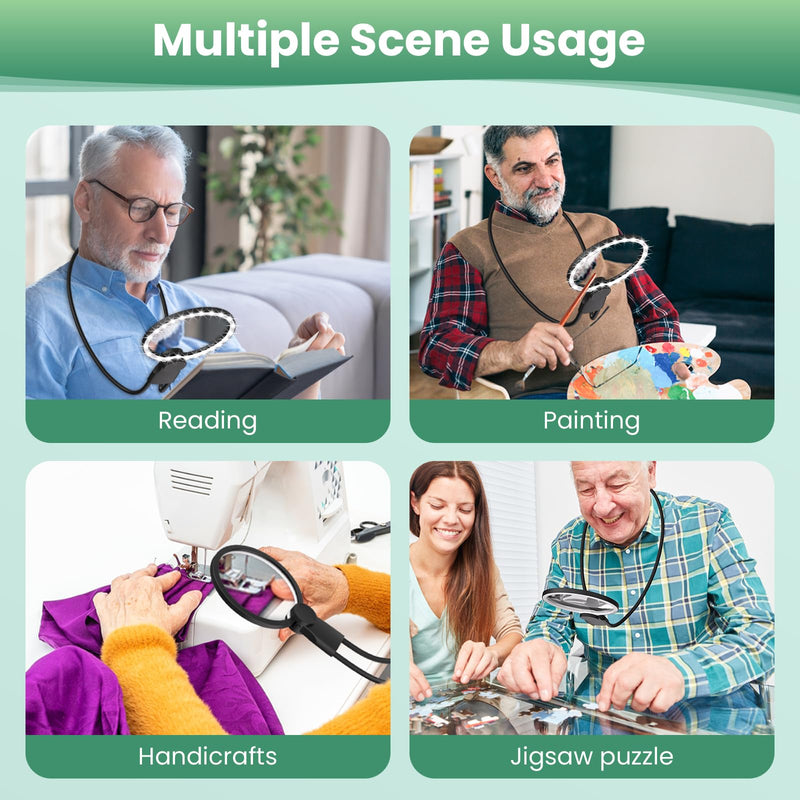 Hands Free Magnifying Glass with Light for Reading, 10X Neck Magnifying Glass with Light for Close Work with Real Glass Lens, Flexible Gooseneck Large Magnifier for Low Vision Elderly and Seniors