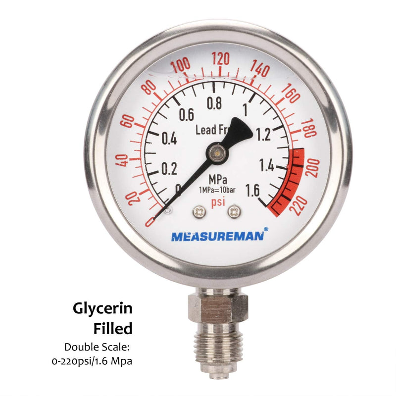 MEASUREMAN Lead-Free Glycerin Filled Reverse Osmosis Pressure Gauge, Purified Water Pressure Gauge, 2-1/2" Dial Size 1/4" Lower Mount, 0-220Psi/Mpa, with PU Tube Connection 0-220 psi with PU Tube Connection