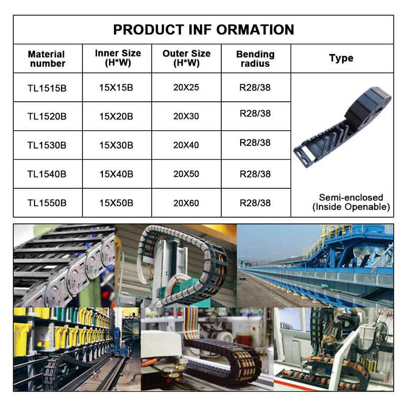 R28/38 15mm x 15mm(Inner H x Inner W) Black Plastic Cable Wire Carrier Drag Chain 1M Length for CNC, with End Connectors - Semi Enclosed Type (Inner side openable) 15*15B