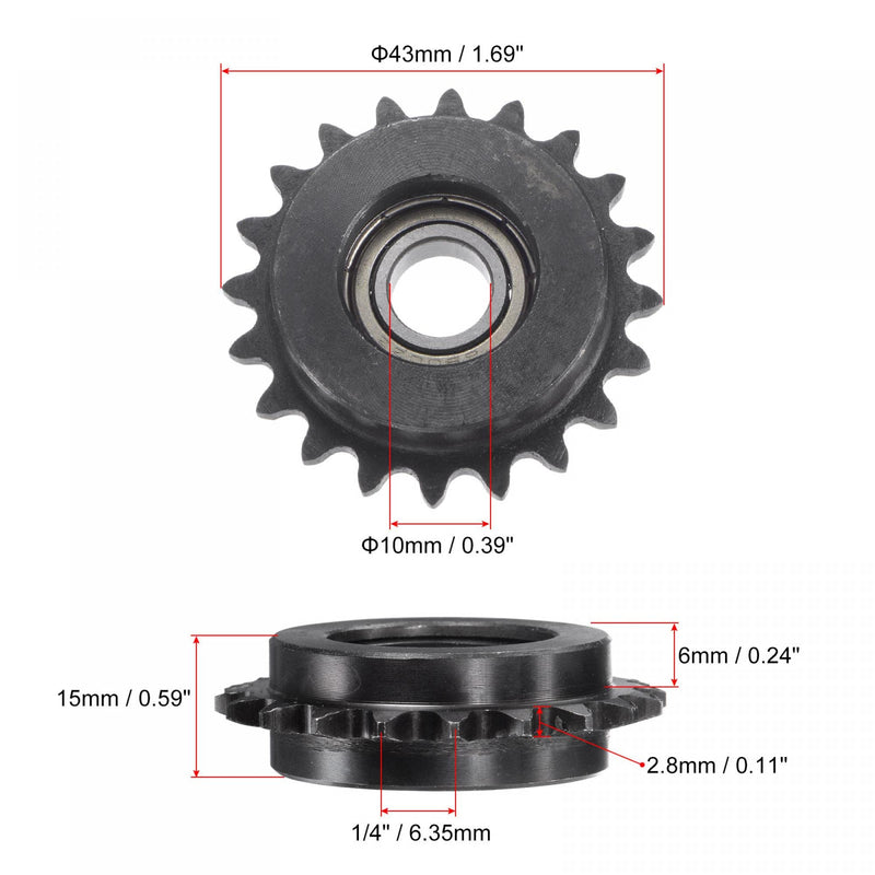 uxcell #25 Chain Idler Sprocket, 10mm Bore 1/4" Pitch 20 Tooth Tensioner, Black Oxide Finish C45 Carbon Steel with Insert Single Bearing for ISO 04C Chains